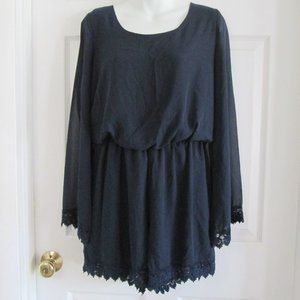 JODI KRISTOPHER Navy Blue Lined Romper, Bell Sleeves & Lace Trim (M)